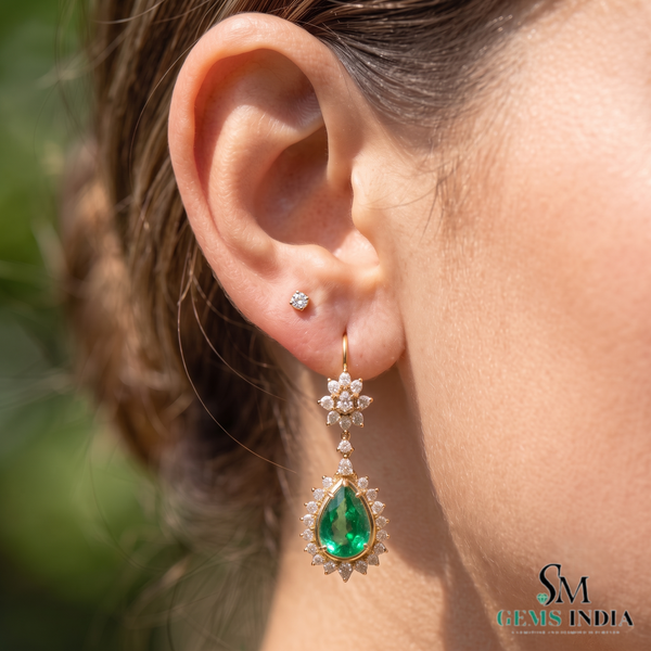 2.70 Carat Pear-Shaped Natural Emerald Tear Drop Earrings with Diamond Halo Dangle Earrings
