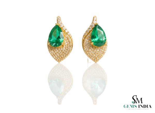 6.20 carat Pear Shaped Natural Emerald and Diamond Leaf Earrings in 14K Gold