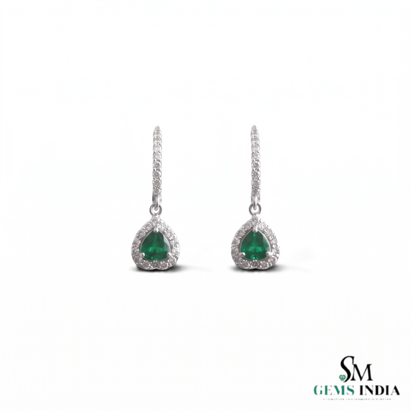 Heart shape Natural Emerald Halo Drop Earrings in 14k Gold Fine Diamond Dangles