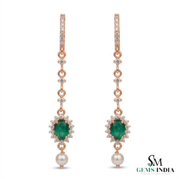 Oval cabochon Emerald Halo Dangle Earrings in Gold with Pearl Drop Elegant Gift for Her