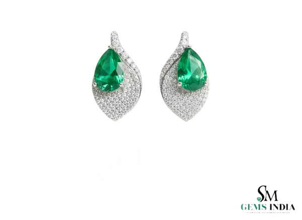6.20 carat Pear Shaped Natural Emerald and Diamond Leaf Earrings in 14K Gold