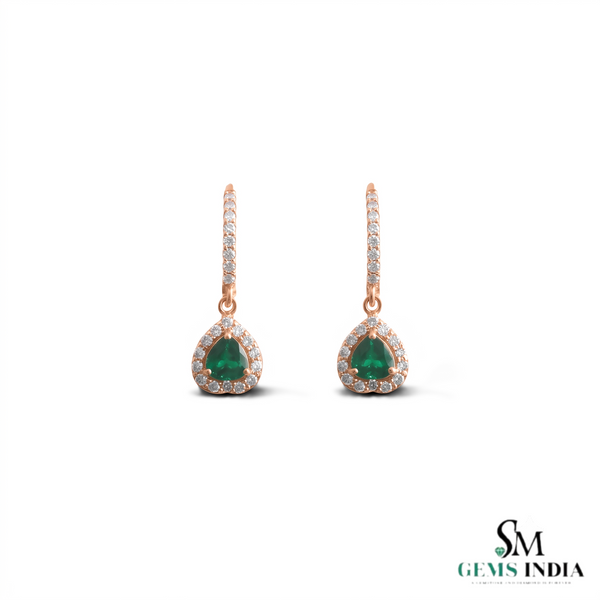 Heart shape Natural Emerald Halo Drop Earrings in 14k Gold Fine Diamond Dangles
