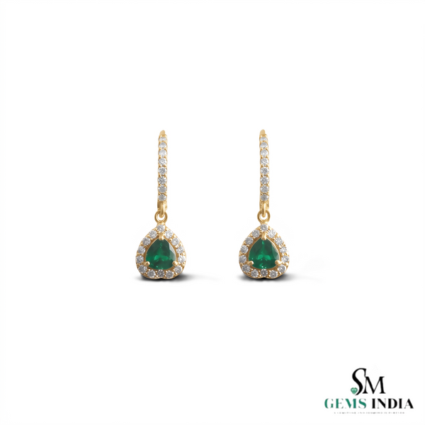 Heart shape Natural Emerald Halo Drop Earrings in 14k Gold Fine Diamond Dangles