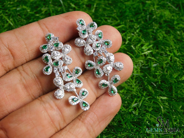 2.50 Teardrop Natural Emerald Diamond Flower Dangle Earrings Elegant Statement Design