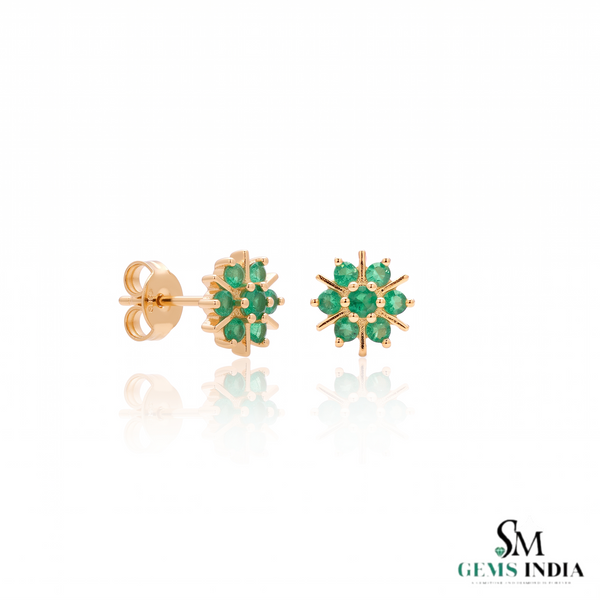 Natural Emerald Floral Starburst Stud Earrings in 14K Gold Earrings in 14k Solid Gold