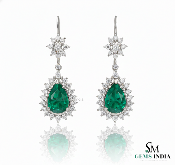 2.70 Carat Pear-Shaped Natural Emerald Tear Drop Earrings with Diamond Halo Dangle Earrings