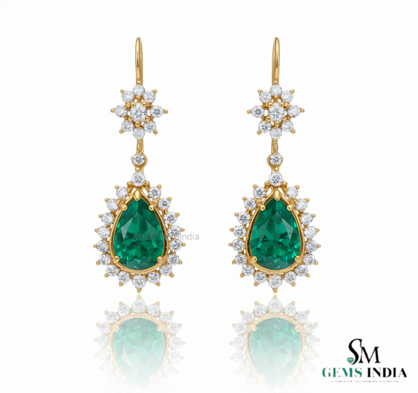 2.70 Carat Pear-Shaped Natural Emerald Tear Drop Earrings with Diamond Halo Dangle Earrings