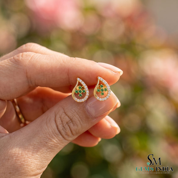 Teardrop Stud Earrings with Round Natural Emerald Cluster &amp; Diamonds in Gold Unique Gift for her