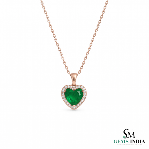 2.50 carat Heart Shape Natural Emerald and Diamond Halo Pendant in 18K Gold