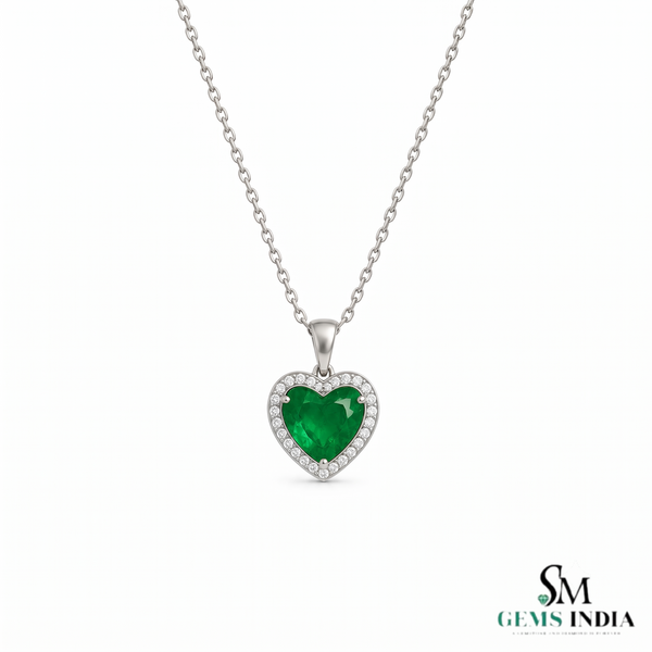2.50 carat Heart Shape Natural Emerald and Diamond Halo Pendant in 18K Gold