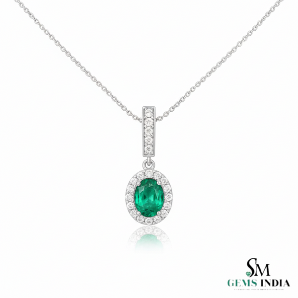 2 carat Oval cut 14K Gold Natural Emerald Halo Pendant with Dainty Diamond Accents
