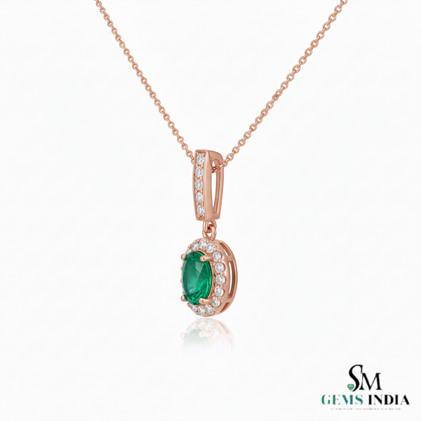2 carat Oval cut 14K Gold Natural Emerald Halo Pendant with Dainty Diamond Accents