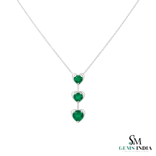 Triple Heart Design Round Natural Emerald Pendant in 14k Gold Romantic May Birthstone Gift