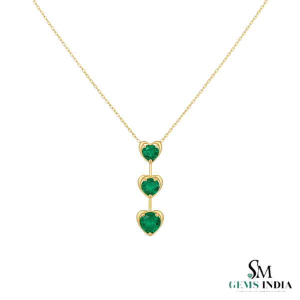 Triple Heart Design Round Natural Emerald Pendant in 14k Gold Romantic May Birthstone Gift