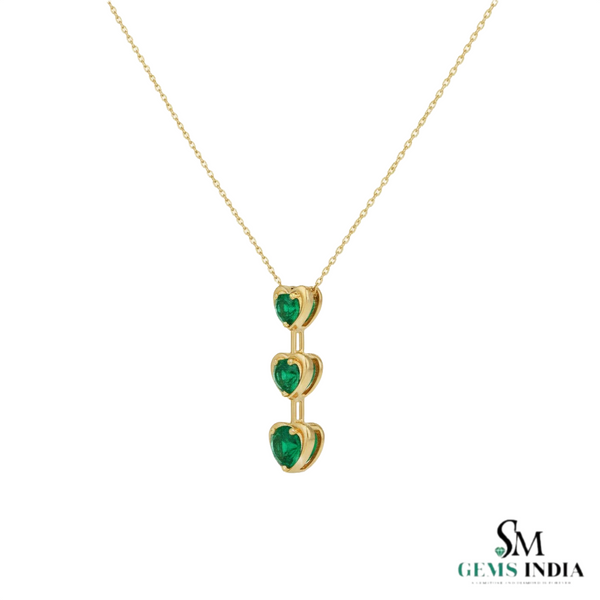 Triple Heart Design Round Natural Emerald Pendant in 14k Gold Romantic May Birthstone Gift