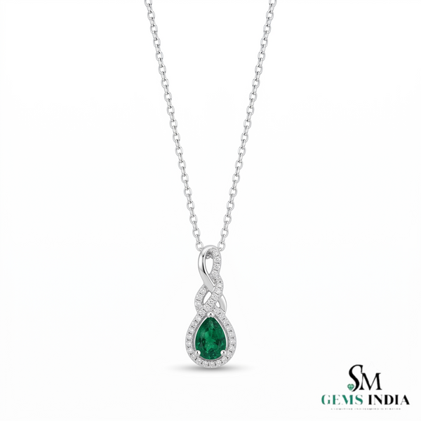 1.30 carat Infinity Teardrop Natural Emerald Pendant with Diamond Accents in 14K gold
