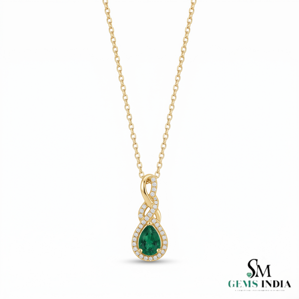 1.30 carat Infinity Teardrop Natural Emerald Pendant with Diamond Accents in 14K gold