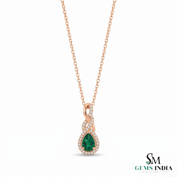 1.30 carat Infinity Teardrop Natural Emerald Pendant with Diamond Accents in 14K gold