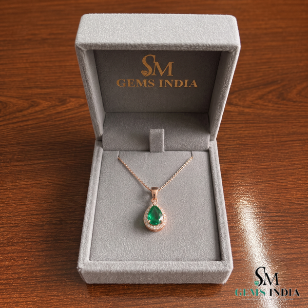 5.90 carat Teardrop natural Emerald Pendant with Diamond Halo Fine Gold Jewelry