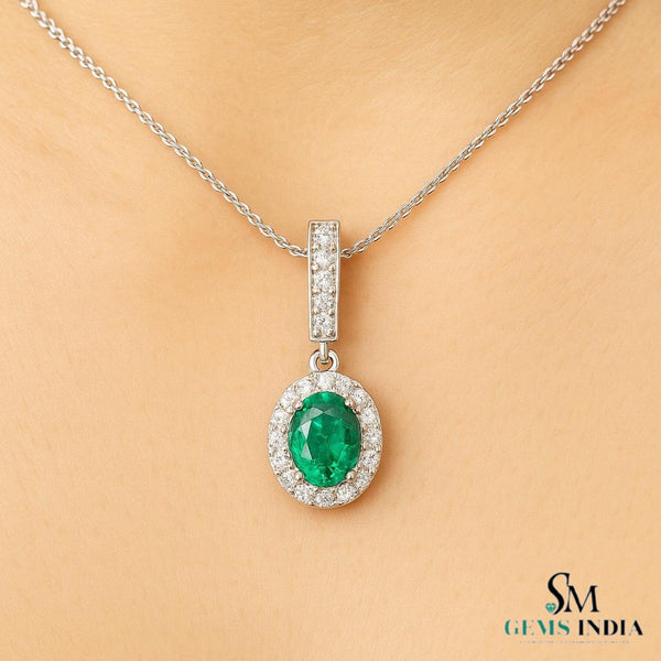 2 carat Oval cut 14K Gold Natural Emerald Halo Pendant with Dainty Diamond Accents
