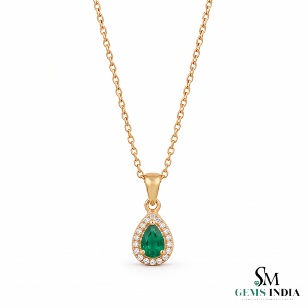 5.90 carat Teardrop natural Emerald Pendant with Diamond Halo Fine Gold Jewelry