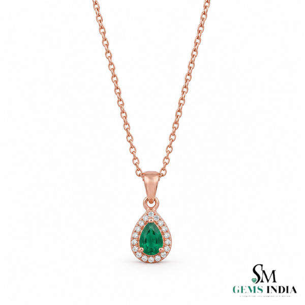 5.90 carat Teardrop natural Emerald Pendant with Diamond Halo Fine Gold Jewelry