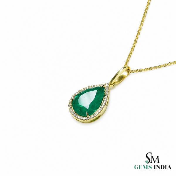 5.90 carat Teardrop natural Emerald Pendant with Diamond Halo Fine Gold Jewelry