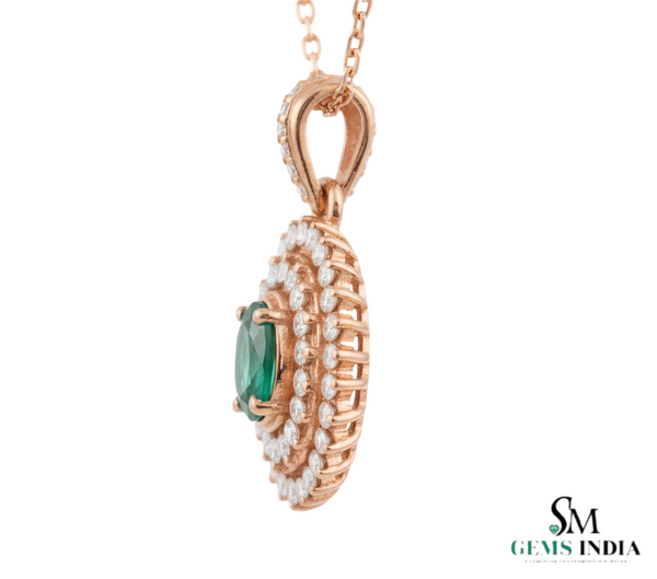 1 carat Vintage Style Oval Emerald Pendant with Diamond Halo in 14K Gold