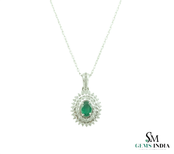 1 carat Vintage Style Oval Emerald Pendant with Diamond Halo in 14K Gold