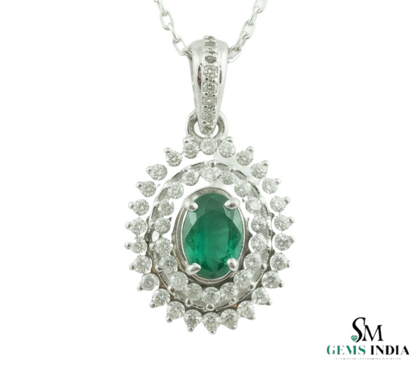1 carat Vintage Style Oval Emerald Pendant with Diamond Halo in 14K Gold