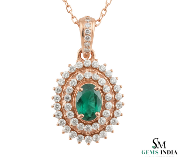 1 carat Vintage Style Oval Emerald Pendant with Diamond Halo in 14K Gold