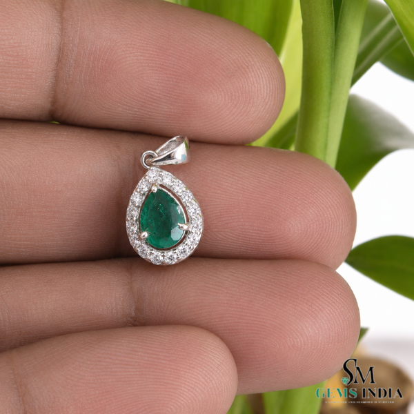 9.30 carat Vintage Inspired Pear Cut Natural Emerald Pendant Gold Diamond Accent Design