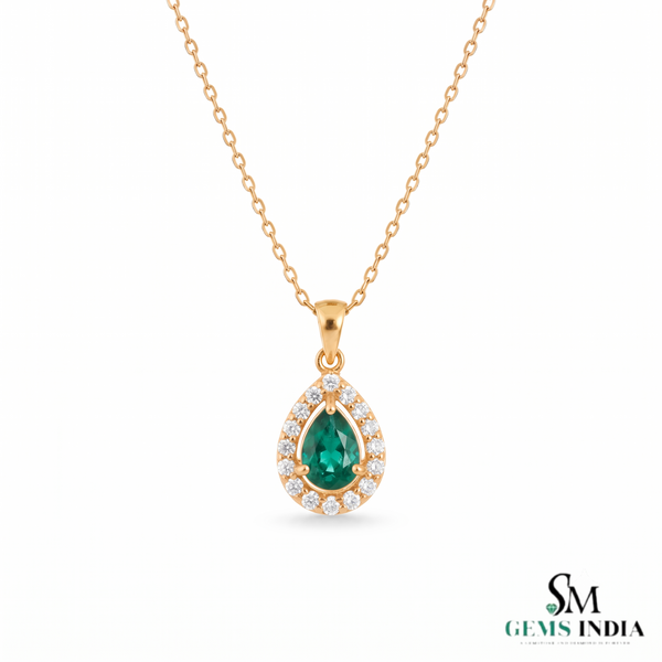 9.30 carat Vintage Inspired Pear Cut Natural Emerald Pendant Gold Diamond Accent Design