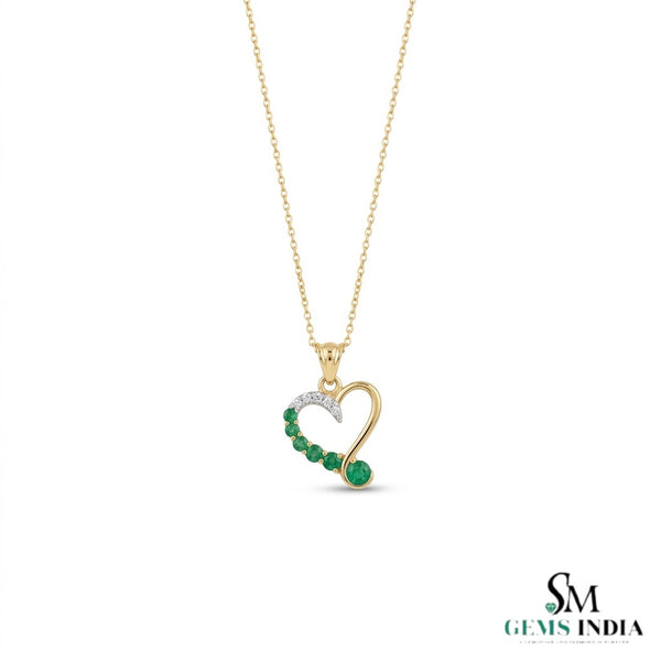 14K Gold Heart Pendant with Round Natural Emerald and Diamond Stones Luxury Gift for Woman