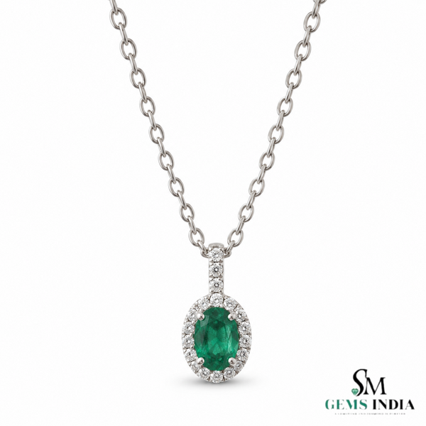 Natural Emerald Halo Pendant Oval Green Gemstone with Diamonds