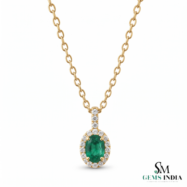 Natural Emerald Halo Pendant Oval Green Gemstone with Diamonds