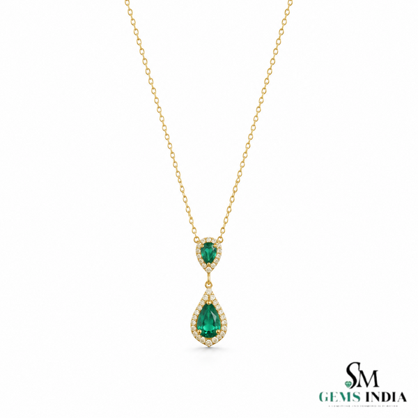 4 carat Double Pear Emerald and Diamond Halo Pendant in 14K Gold Gift for her