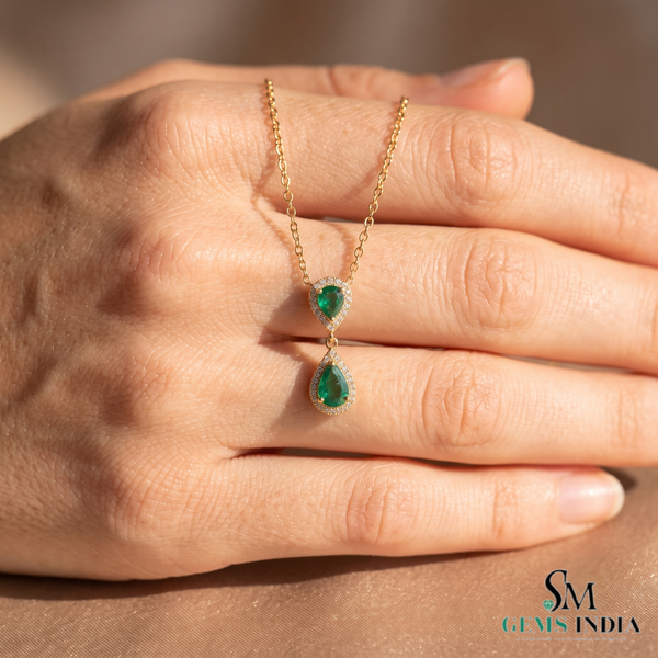 4 carat Double Pear Emerald and Diamond Halo Pendant in 14K Gold Gift for her