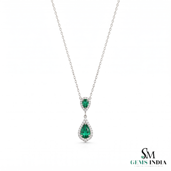 4 carat Double Pear Emerald and Diamond Halo Pendant in 14K Gold Gift for her