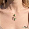 Floral Double Loop Round Natural Emerald and Diamond Teardrop Pendant in 14k gold