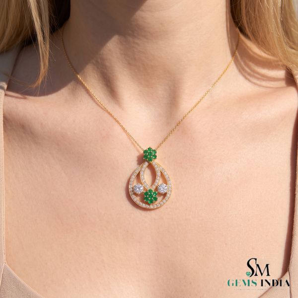 Floral Double Loop Round Natural Emerald and Diamond Teardrop Pendant in 14k gold