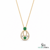 Floral Double Loop Round Natural Emerald and Diamond Teardrop Pendant in 14k gold
