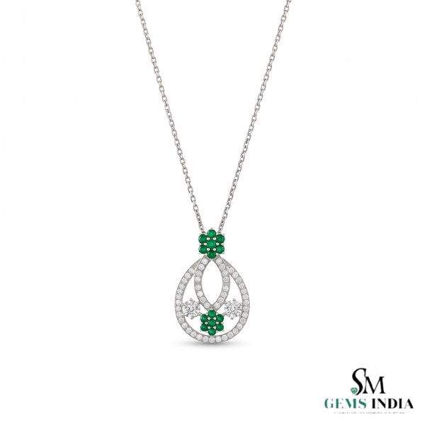 Floral Double Loop Round Natural Emerald and Diamond Teardrop Pendant in 14k gold