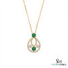 Floral Double Loop Round Natural Emerald and Diamond Teardrop Pendant in 14k gold