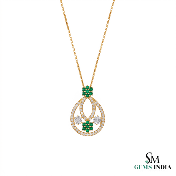 Floral Double Loop Round Natural Emerald and Diamond Teardrop Pendant in 14k gold