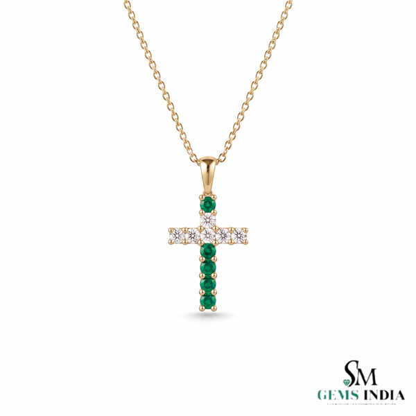 Elegant Natural Emerald Cross Pendant Necklace in 14K Gold Unique Pendant for her