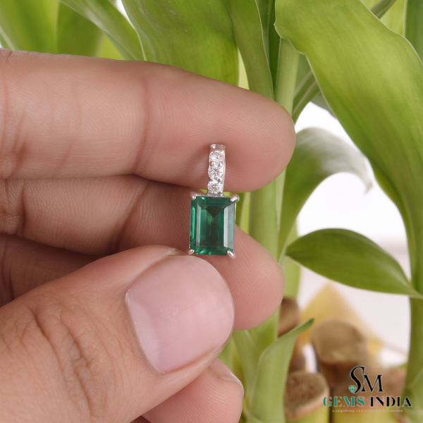 2.10 carat Emerald Cut Natural Emerald Pendant Necklace in 14k gold with Diamond Accent Bail Design