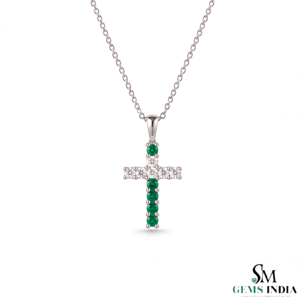 Elegant Natural Emerald Cross Pendant Necklace in 14K Gold Unique Pendant for her