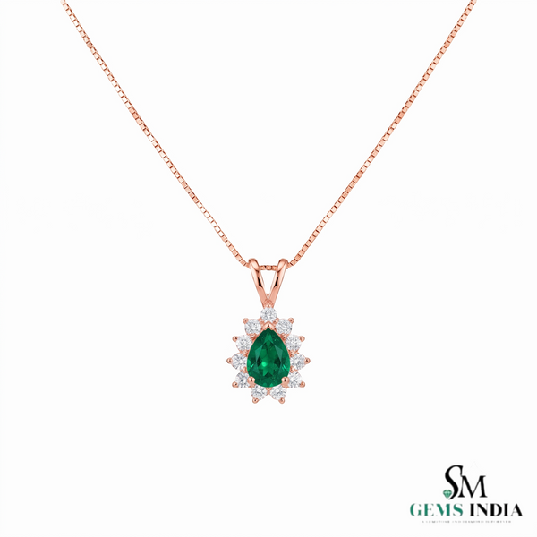 Teardrop Natural Emerald and Diamond Halo Necklace May Birthstone Jewelry Gift