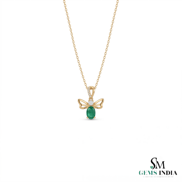 Oval Natural Emerald Angel Pendant in 14K Gold Green Gemstone Fairy Wing May Birthstone Gift for Her